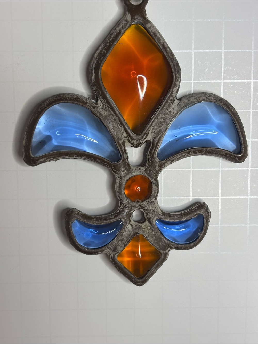 Creative Co-op Blue and Amber Fleur-de-Lis Stained Glass Ornament